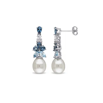 8-8.5mm White Rice Cultured Freshwater Pearl Blue and White Topaz Dangle Earrings