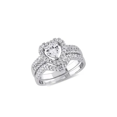 Sterling Silver & 1.36 CT. T.W. Cubic Zirconia Heart Halo 2-Piece Bridal Ring Set