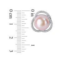 Sterling Silver, 11-11.5MM Pink Cultured Freshwater Pearl & Cubic Zirconia Interlaced Halo Stud Earrings