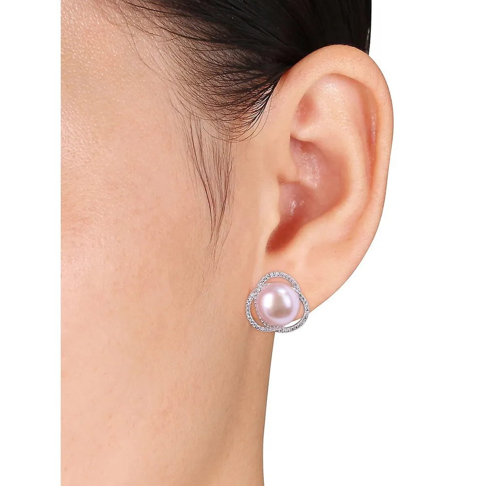 Boucles d'oreilles à auréole en argent sterling, perle d'eau douce de culture rose de 11 à 11,5 mm et cristaux entrelacés