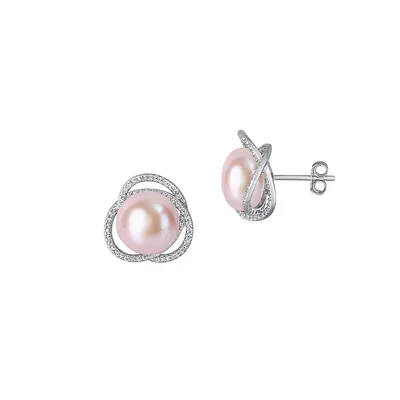 Sterling Silver, 11-11.5MM Pink Cultured Freshwater Pearl & Cubic Zirconia Interlaced Halo Stud Earrings