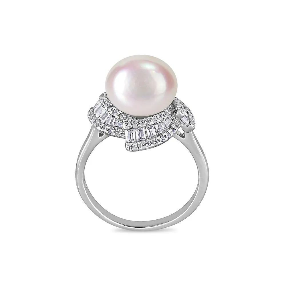 Sterling Silver, 10-10.5MM Cultured Freshwater Pearl & Cubic Zirconia Geometric Halo Ring