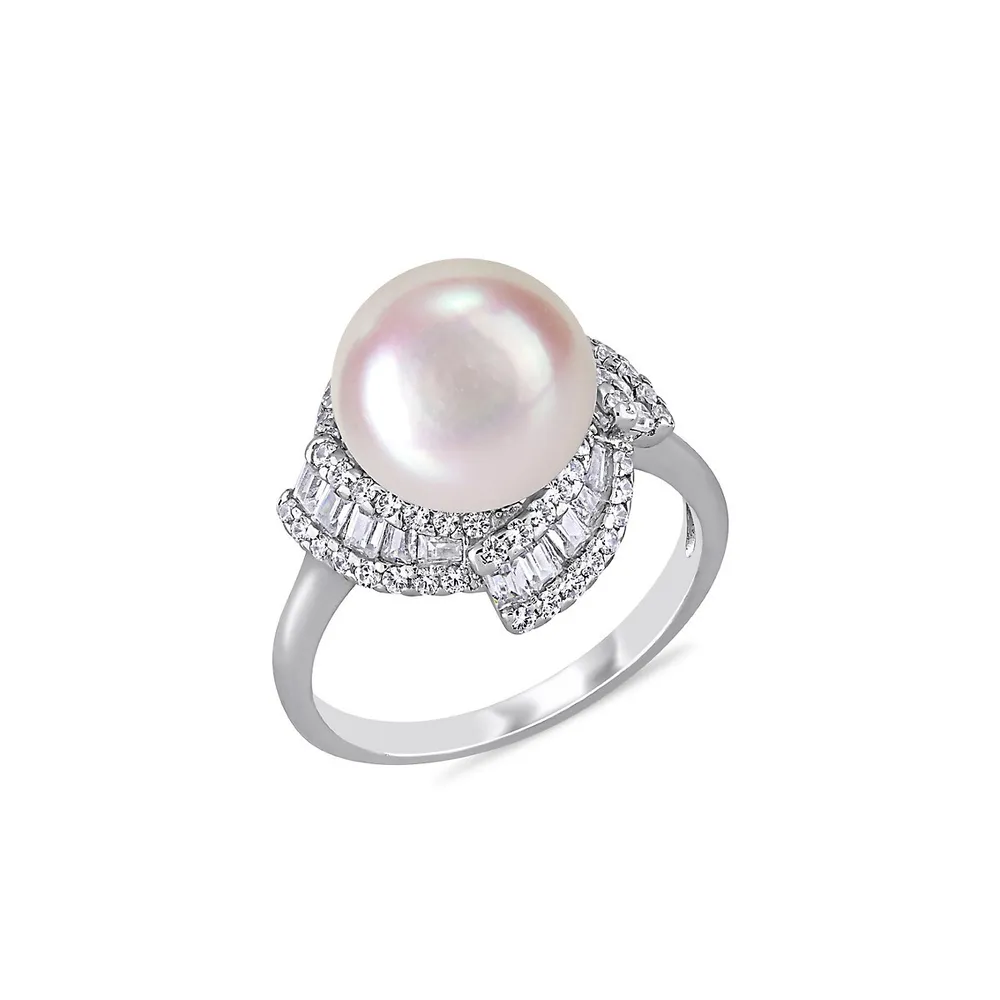 Sterling Silver, 10-10.5MM Cultured Freshwater Pearl & Cubic Zirconia Geometric Halo Ring