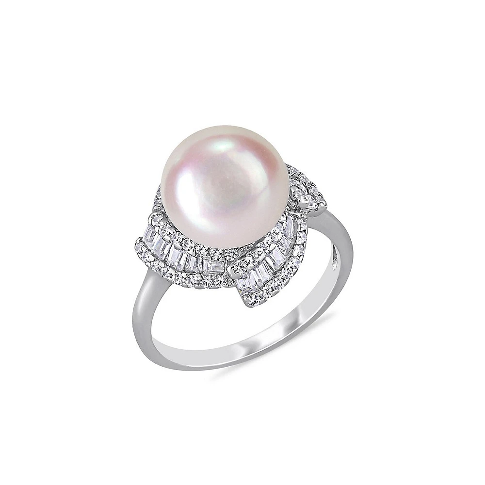 Sterling Silver, 10-10.5MM Cultured Freshwater Pearl & Cubic Zirconia Geometric Halo Ring