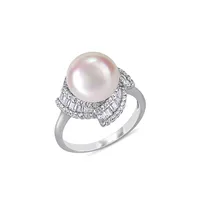 Sterling Silver, 10-10.5MM Cultured Freshwater Pearl & Cubic Zirconia Geometric Halo Ring