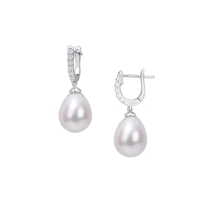 Sterling Silver, 8.5-9MM Cultured Pearl & Cubic Zirconia Drop Cuff Earrings