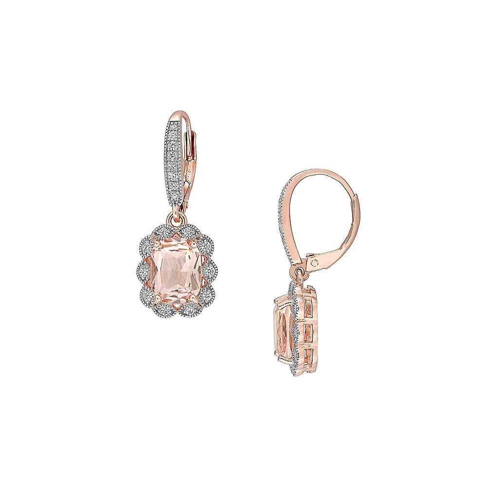 Pendants d'oreilles en argent sterling plaqué or rose avec morganite et cristaux