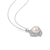 Sterling Silver, 9.5-12.5MM Cultured Freshwater Pearl & Cubic Zirconia Geometric Halo Necklace & Earrings Set