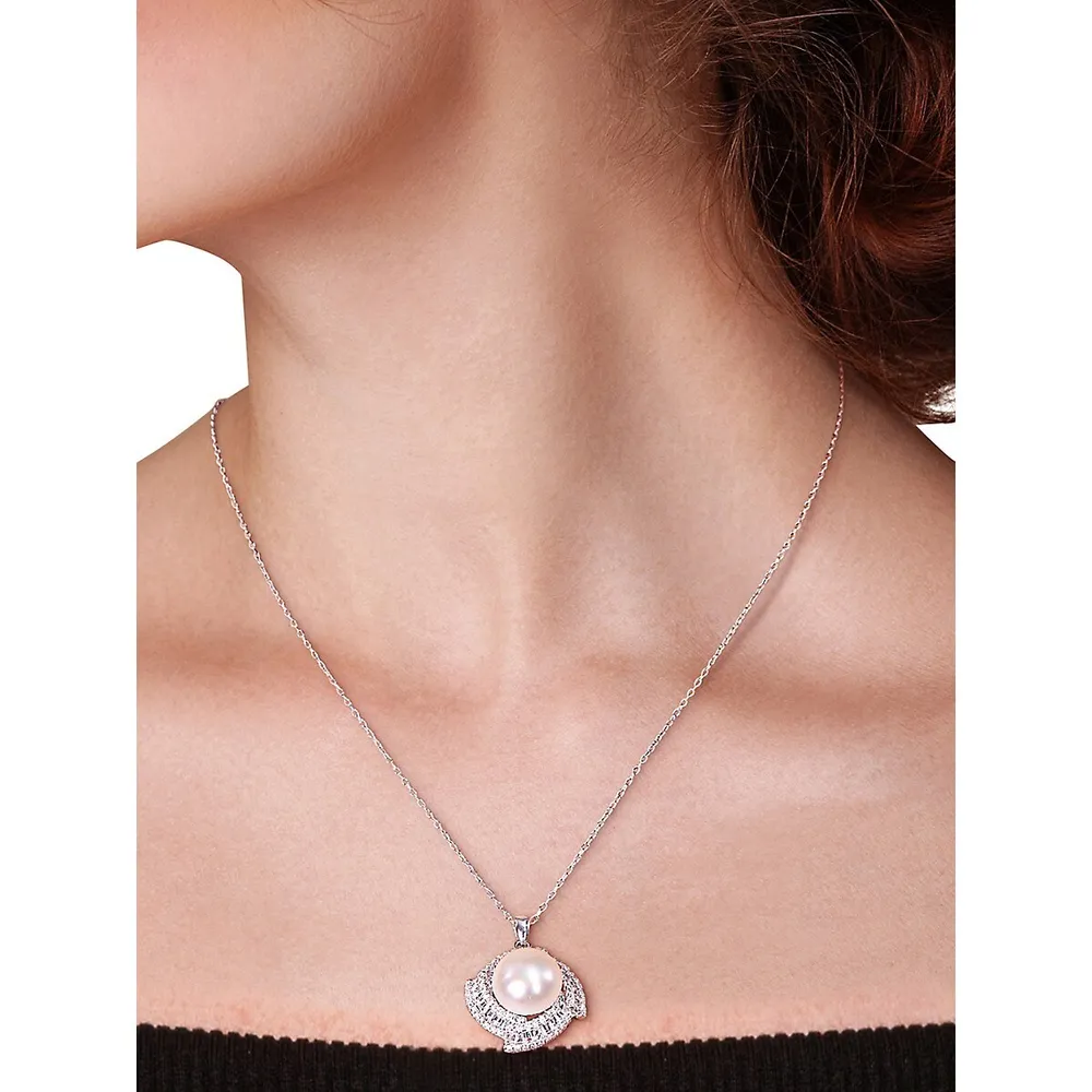 Sterling Silver, 9.5-12.5MM Cultured Freshwater Pearl & Cubic Zirconia Geometric Halo Necklace & Earrings Set