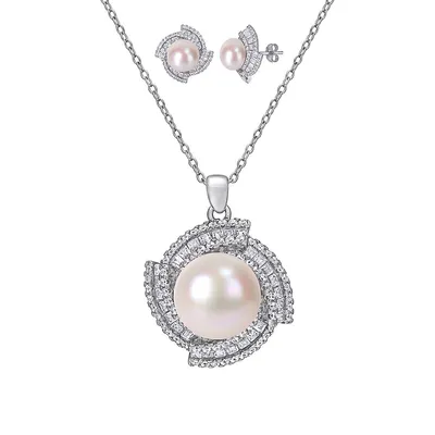 Sterling Silver, 9.5-12.5MM Cultured Freshwater Pearl & Cubic Zirconia Geometric Halo Necklace & Earrings Set