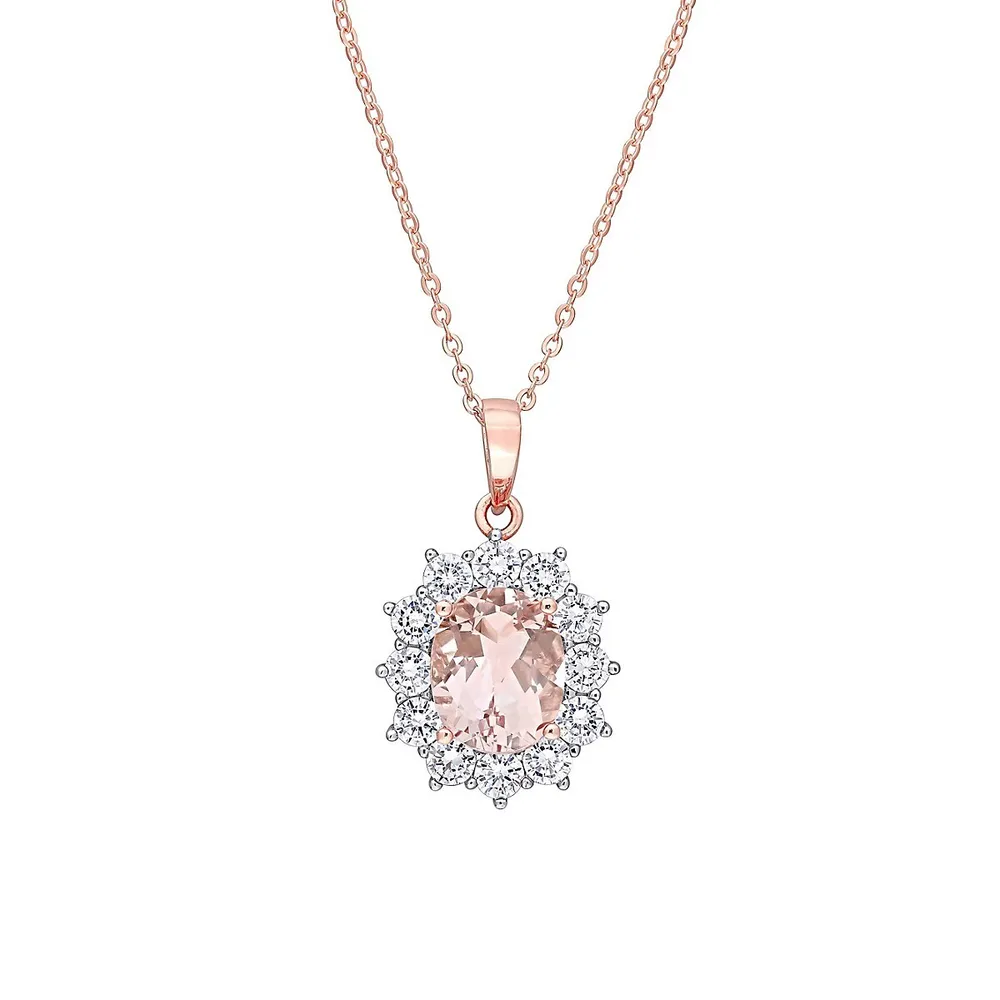 Rose Goldplated Sterling Silver, Simulated Morganite & Cubic Zirconia Floral Pendant Necklace