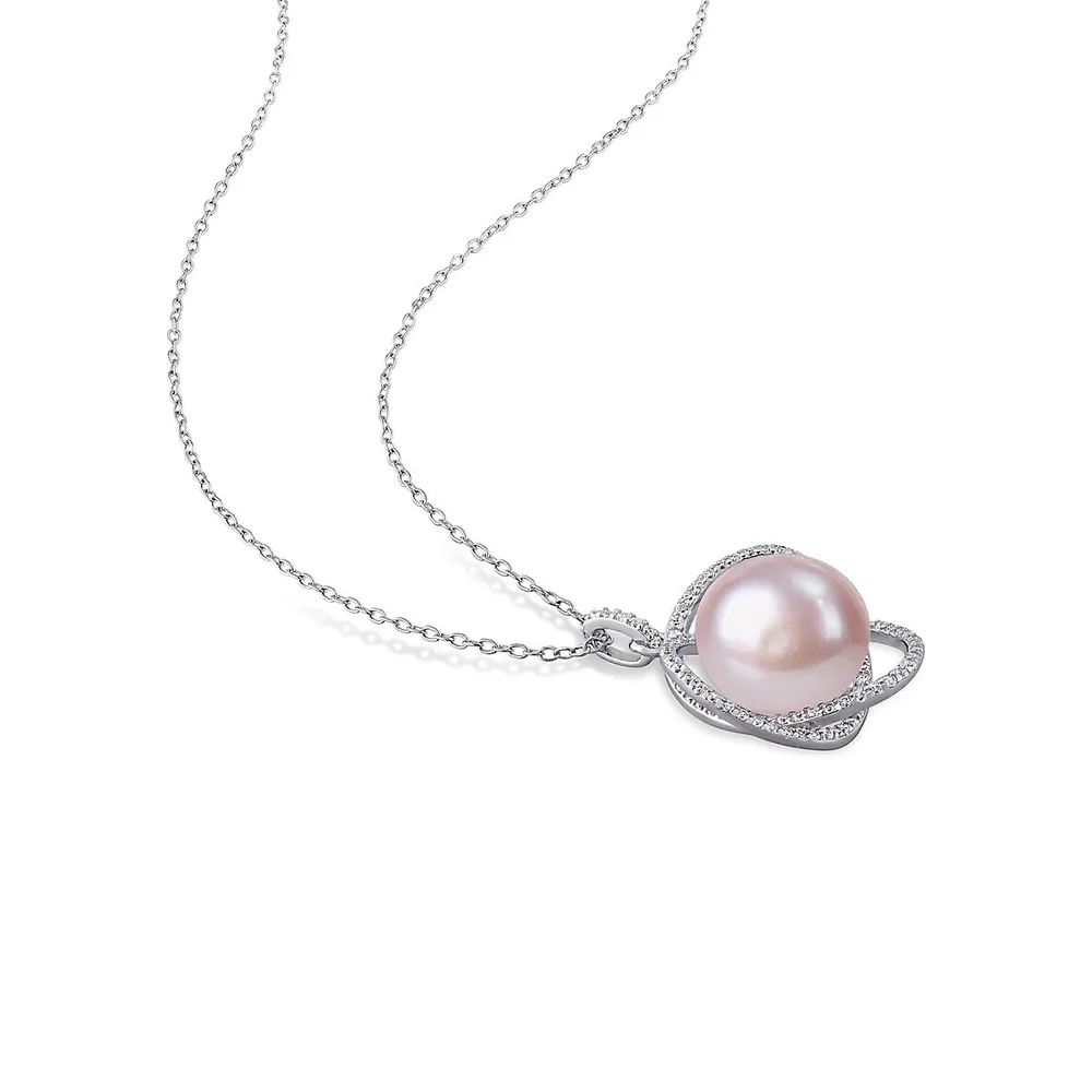 Sterling Silver, 11.5-12MM Pink Cultured Freshwater Pearl & Cubic Zirconia Interlaced Halo Pendant Necklace