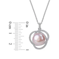 Sterling Silver, 11.5-12MM Pink Cultured Freshwater Pearl & Cubic Zirconia Interlaced Halo Pendant Necklace