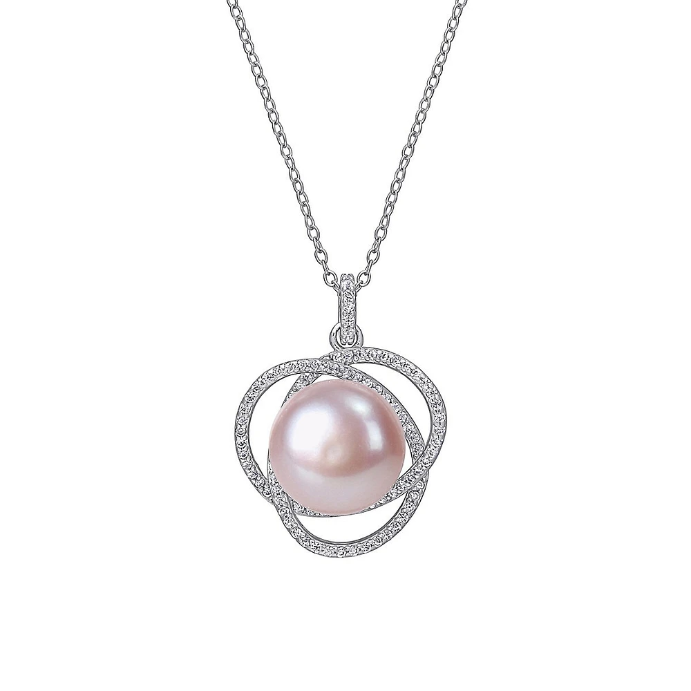 Sterling Silver, 11.5-12MM Pink Cultured Freshwater Pearl & Cubic Zirconia Interlaced Halo Pendant Necklace