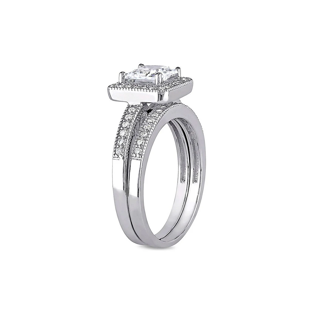 Ensemble bague de fiançailles à auréole en cristal 2,34 ct Pt et mariage argent sterling, 2 pièces