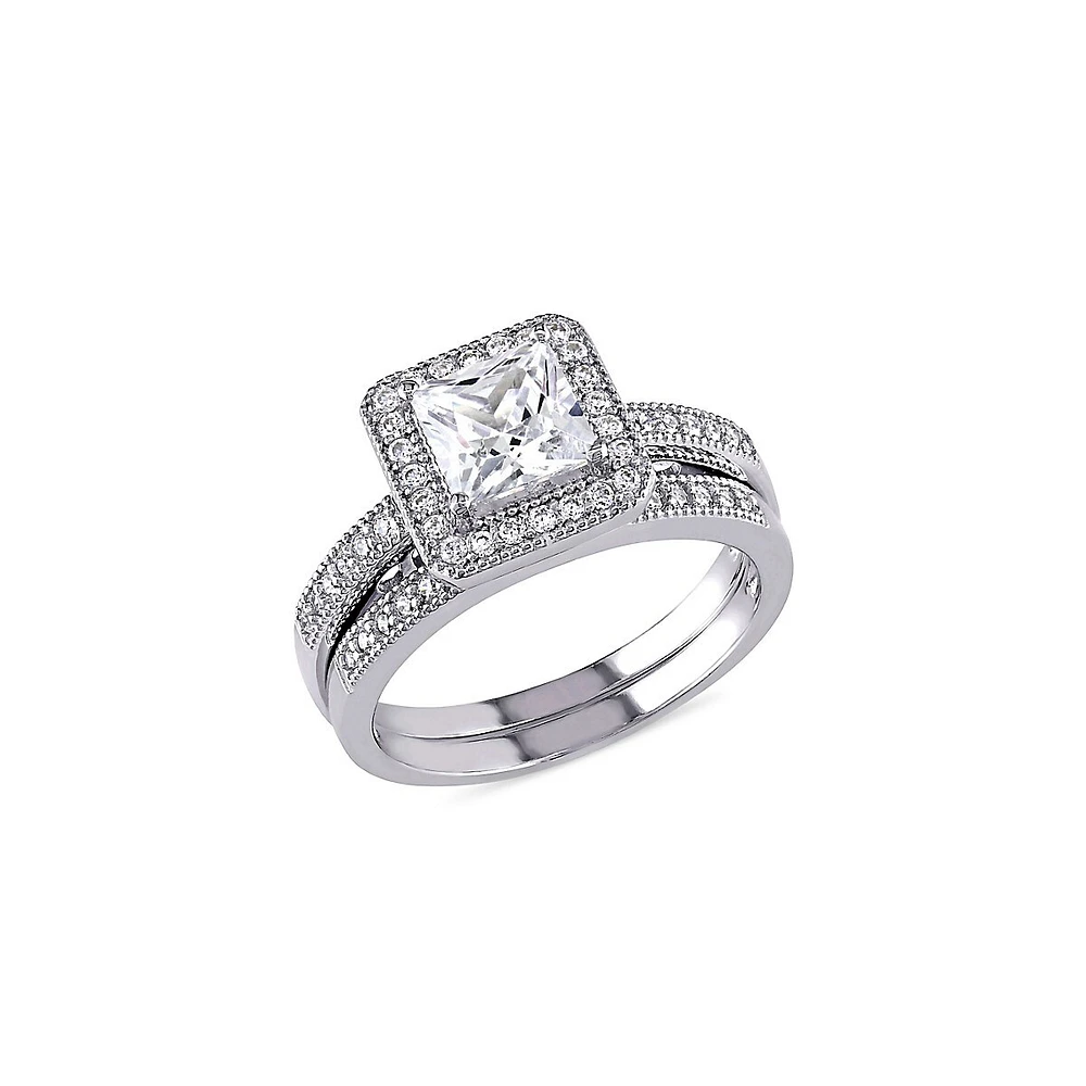 Ensemble bague de fiançailles à auréole en cristal 2,34 ct Pt et mariage argent sterling, 2 pièces