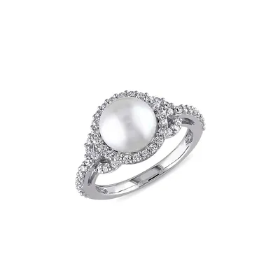 Sterling Silver, 8.5-9MM Cultured Freshwater Pearl & Cubic Zirconia Halo Ring