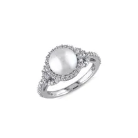 Sterling Silver, 8.5-9MM Cultured Freshwater Pearl & Cubic Zirconia Halo Ring