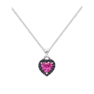 Sterling Silver, Created Pink Sapphire, Black Spinel & Diamond Heart Halo Pendant Necklace
