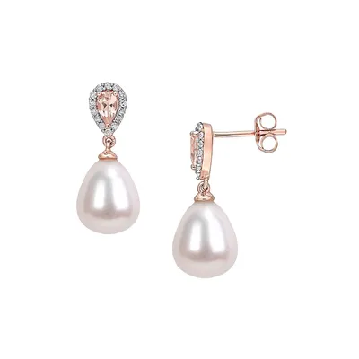 10K Rose Gold, 9-9.5MM Cultured Pearl, 0.14 CT. T.W. Diamond & Morganite Drop Earrings