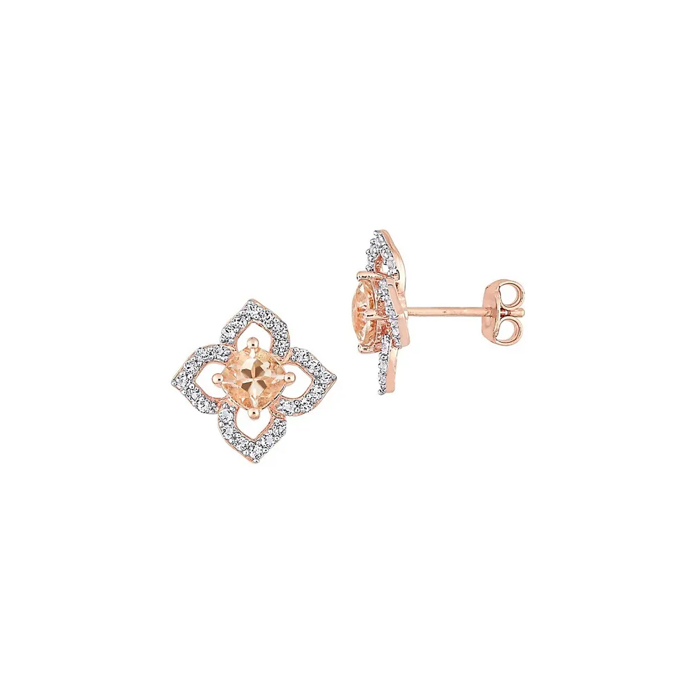 Rose Goldplated, Morganite & White Topaz Floral Stud Earrings