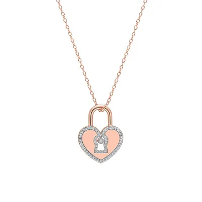 Rose Goldplated Sterling Silver & 0.2 CT. T.W. Diamond Pink Heart Lock Necklace