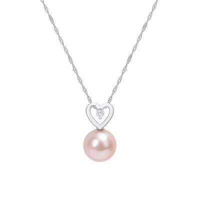 10K White Gold, 10MM Pink Cultured Freshwater Pearl & 0.05 CT. T.W. Diamond Accent Heart Drop Necklace