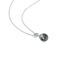 Sterling Silver, Cultured Tahitian Pearl & White Topaz Heart Drop Necklace