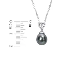 Sterling Silver, Cultured Tahitian Pearl & White Topaz Heart Drop Necklace