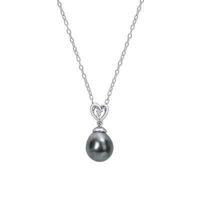 Sterling Silver, Cultured Tahitian Pearl & White Topaz Heart Drop Necklace