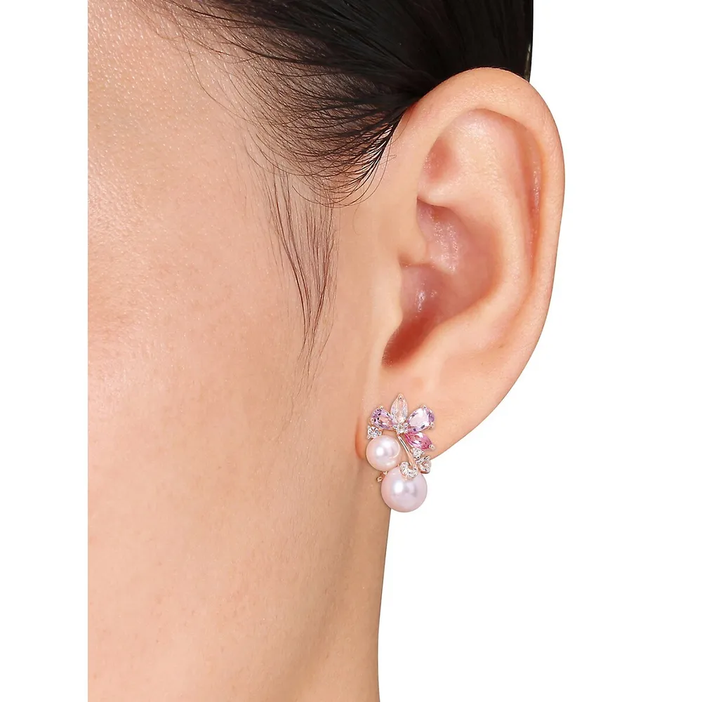 18K Rose Goldplated Sterling Silver, 6-8.5MM Cultured Freshwater Pink Pearl, Topaz & Quartz Cluster Earrings