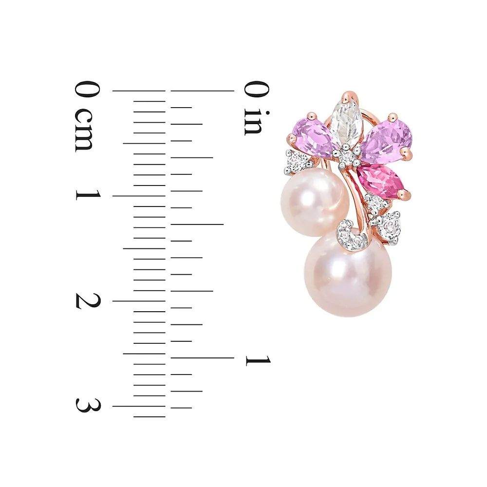 Boucles d'oreilles en argent sterling plaqué or rose 18 ct avec grappe de perle d'eau douce rose 6 à 8,5 mm, de topaz et de quartz