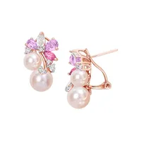 Boucles d'oreilles en argent sterling plaqué or rose 18 ct avec grappe de perle d'eau douce rose 6 à 8,5 mm, de topaz et de quartz