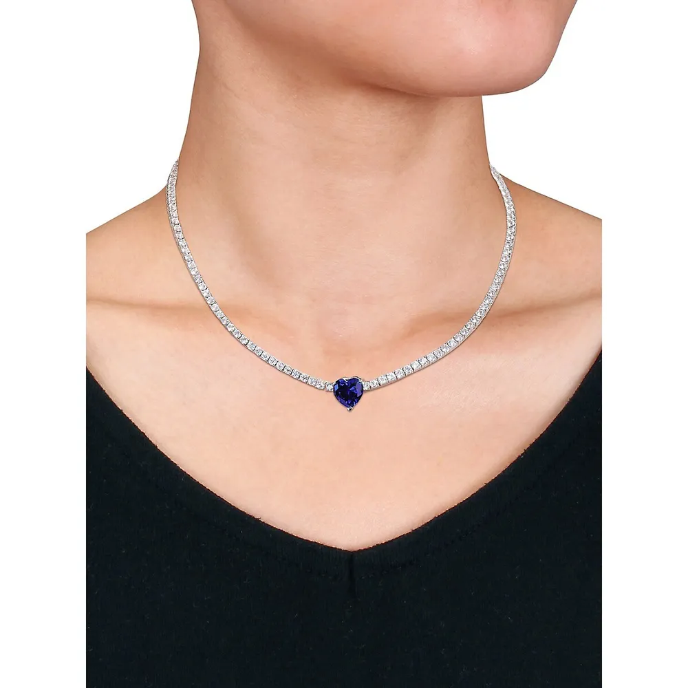 Sterling Silver, Created Blue & White Sapphire Heart Pendant Necklace