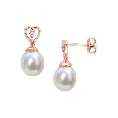 Rose Goldplated, 8-9MM Cultured South Sea Pearl & White Topaz Heart Drop Earrings