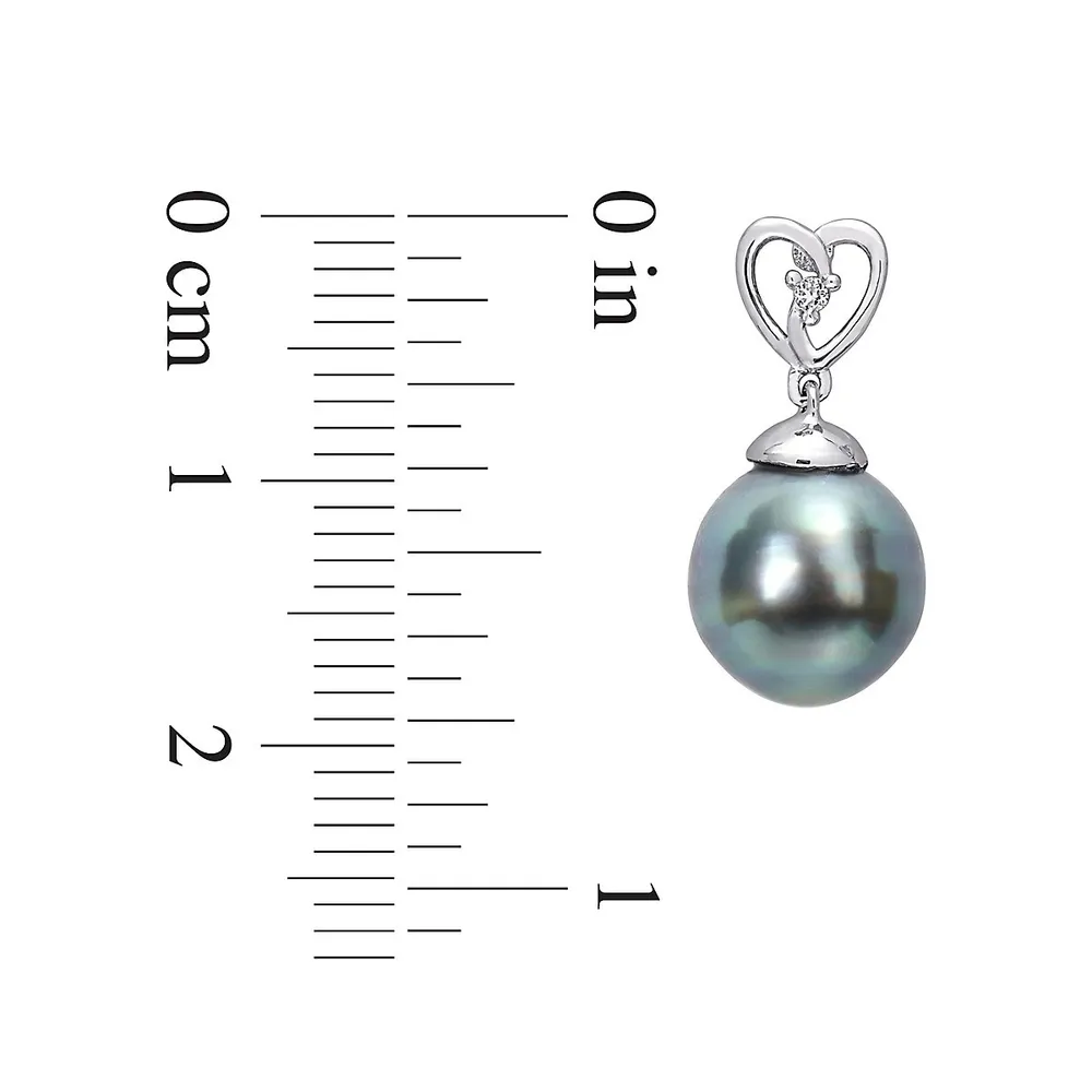 Sterling Silver, 8-9MM Cultured Tahitian Black Pearl & White Topaz Heart Drop Earrings