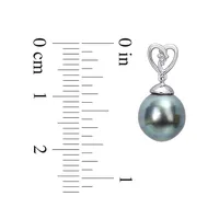 Sterling Silver, 8-9MM Cultured Tahitian Black Pearl & White Topaz Heart Drop Earrings