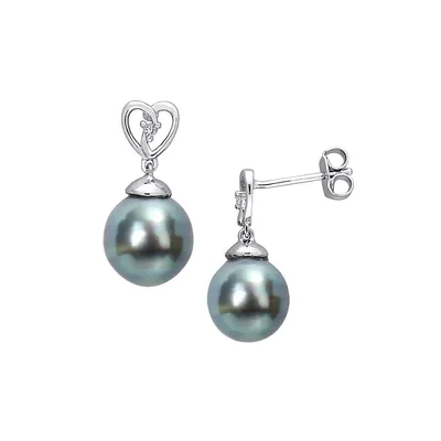 Sterling Silver, 8-9MM Cultured Tahitian Black Pearl & White Topaz Heart Drop Earrings