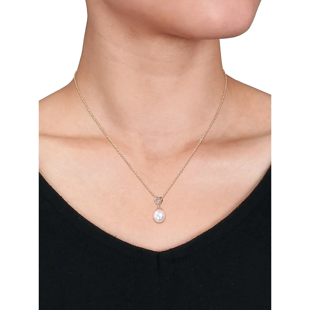 Rose-Plated Sterling Silver, Cultured South Sea Pearl & Topaz Heart Drop Necklace