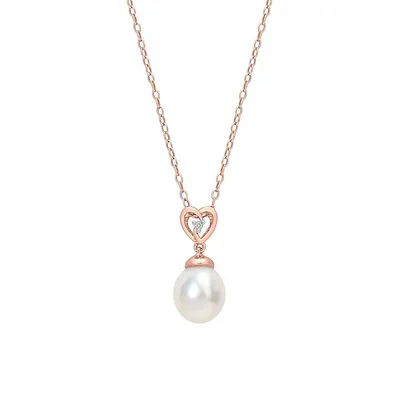 Rose-Plated Sterling Silver, Cultured South Sea Pearl & Topaz Heart Drop Necklace