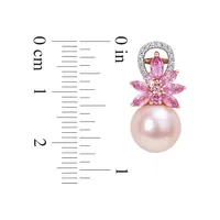 14K Rose Gold, 9-9.5MM Pink Cultured Pearl, Pink Sapphire & 0.12 CT. T.W. Diamond Flower Drop Earrings