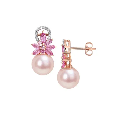 14K Rose Gold, 9-9.5MM Pink Cultured Pearl, Pink Sapphire & 0.12 CT. T.W. Diamond Flower Drop Earrings