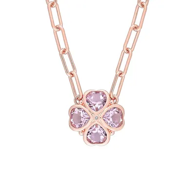 Rose Goldplated Sterling Silver, Rose Quartz & 0.01 CT. T.W Diamond Accent Heart Clover Necklace