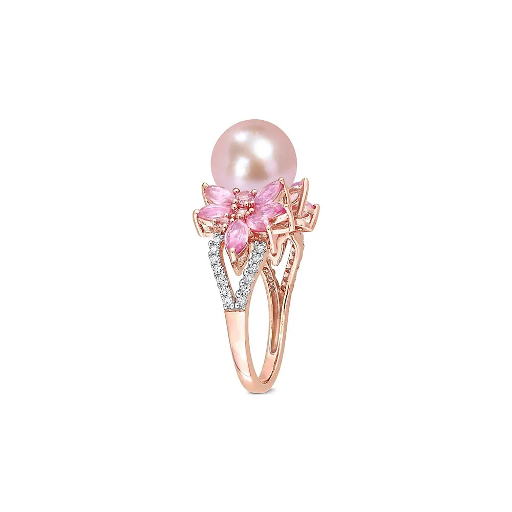 14K Rose Gold, Pink Sapphire, 9.5MM Cultured Freshwater Pearl & 0.12 CT. T.W. Diamond Flower Ring