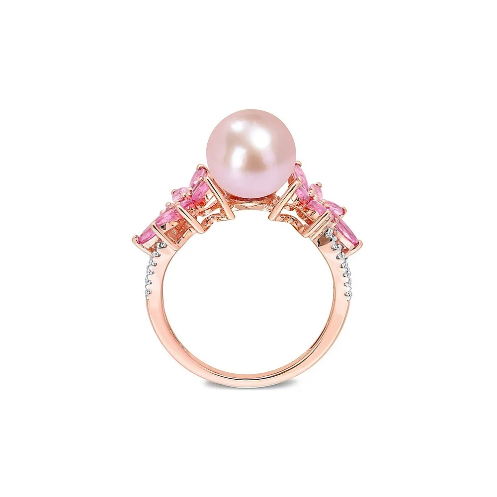 14K Rose Gold, Pink Sapphire, 9.5MM Cultured Freshwater Pearl & 0.12 CT. T.W. Diamond Flower Ring