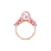 Bague en or rose 14 ct avec fleur diamant 0,12 PT, saphir et perle de culture d'eau douce 9,5 mm