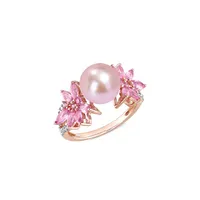 14K Rose Gold, Pink Sapphire, 9.5MM Cultured Freshwater Pearl & 0.12 CT. T.W. Diamond Flower Ring