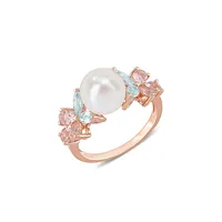 Bague de soirée en argent sterling plaqué or rose 18 ct avec perle d'eau mer culture 8,5 mm et pierres multiples