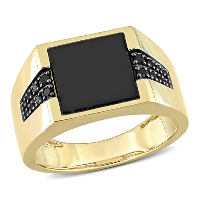 Men's Black Onyx And 1/6 Ct Tw Diamond Ring 10k Yellow Gold