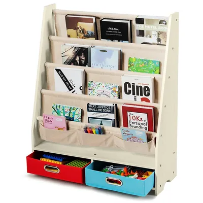 Kids Book Rack Toys Organizer W/ 4 Sling Bookshelf & 2 Boxes